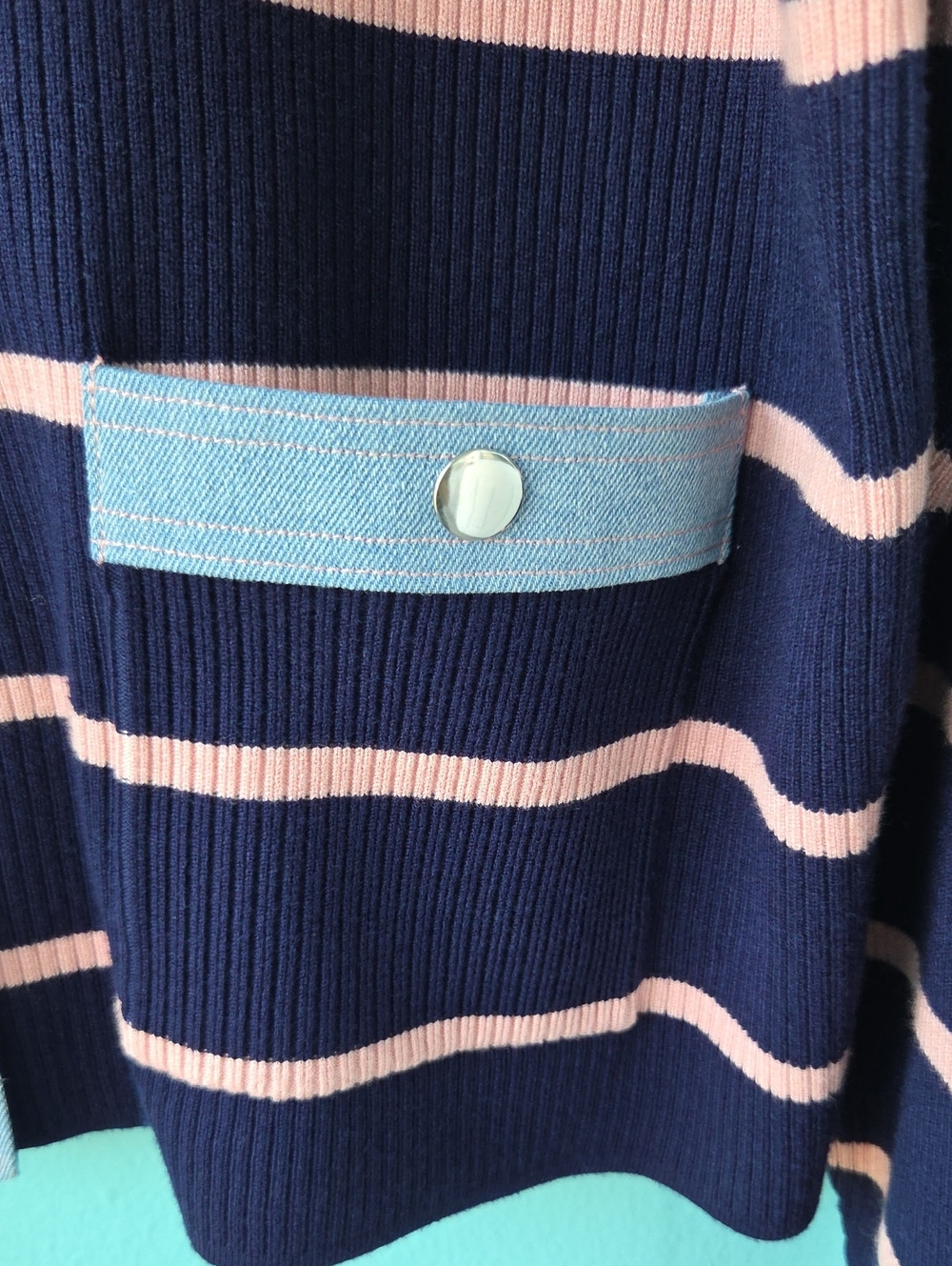NWT " Nanette Lepore" Denim Trim Stripe Ribbed Cardigan Woman's Size Large - Picture 6 of 9